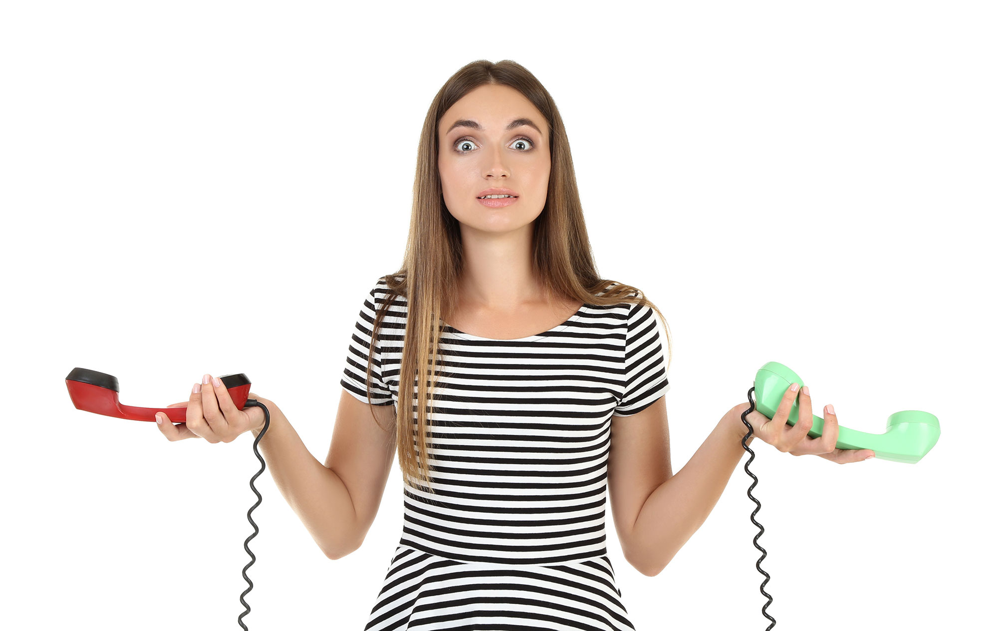 Clueless lady surrounded by several handsets